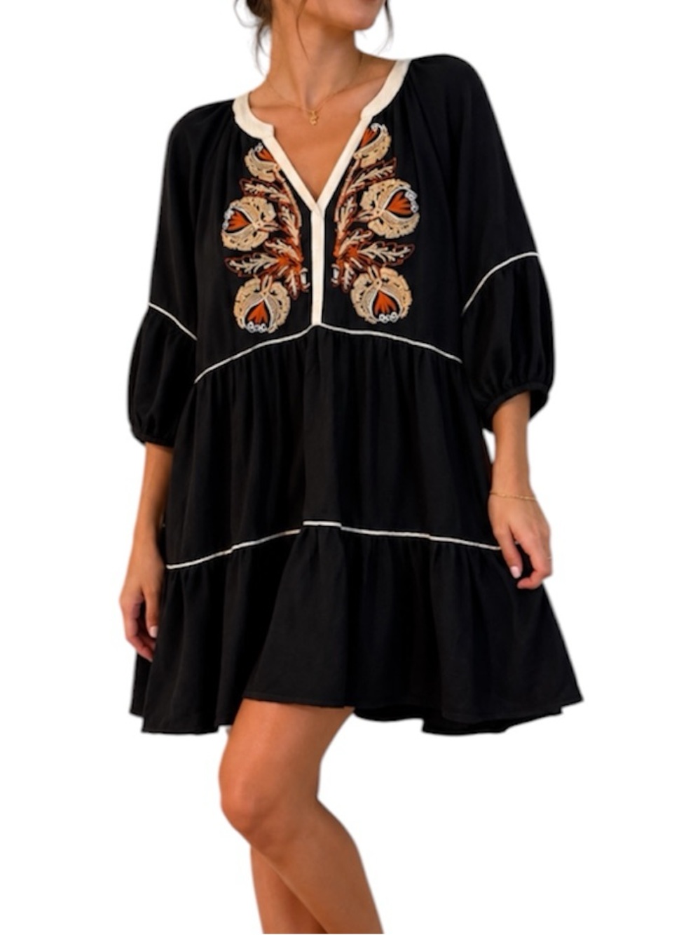 Entro Women’s Black Embroidered Boho Mini Dress Size Large